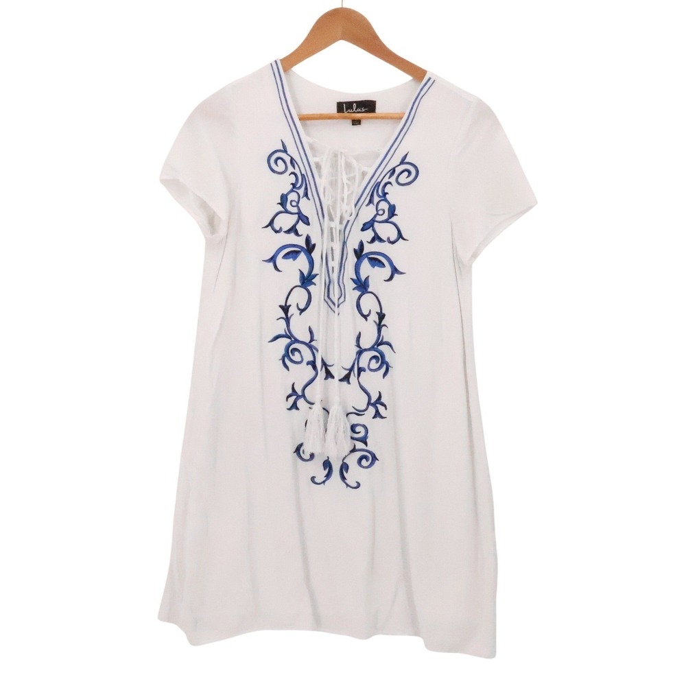 Lulus Embroidered Boho Shift Dress Swim Cover Womens Size M White Blue Resort